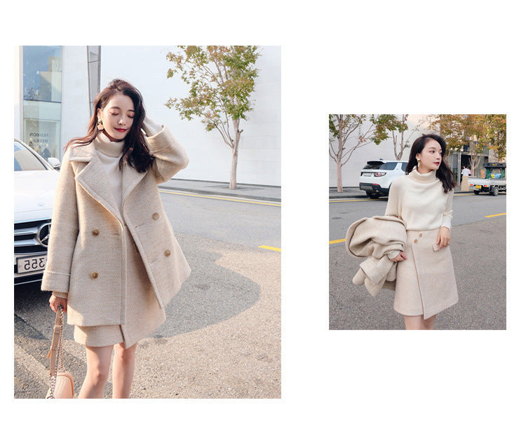 Two-Piece Set Cashmere Jacket & Herringbone Wool Midi Skirt