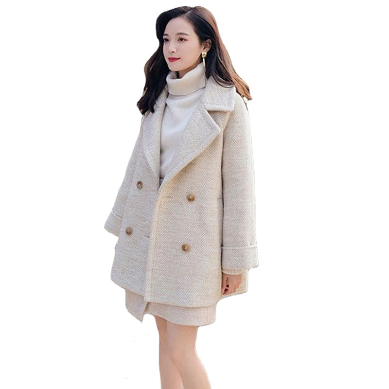 Two-Piece Set Cashmere Jacket & Herringbone Wool Midi Skirt