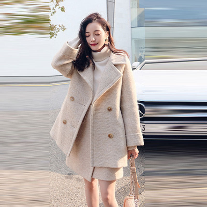 Two-Piece Set Cashmere Jacket & Herringbone Wool Midi Skirt