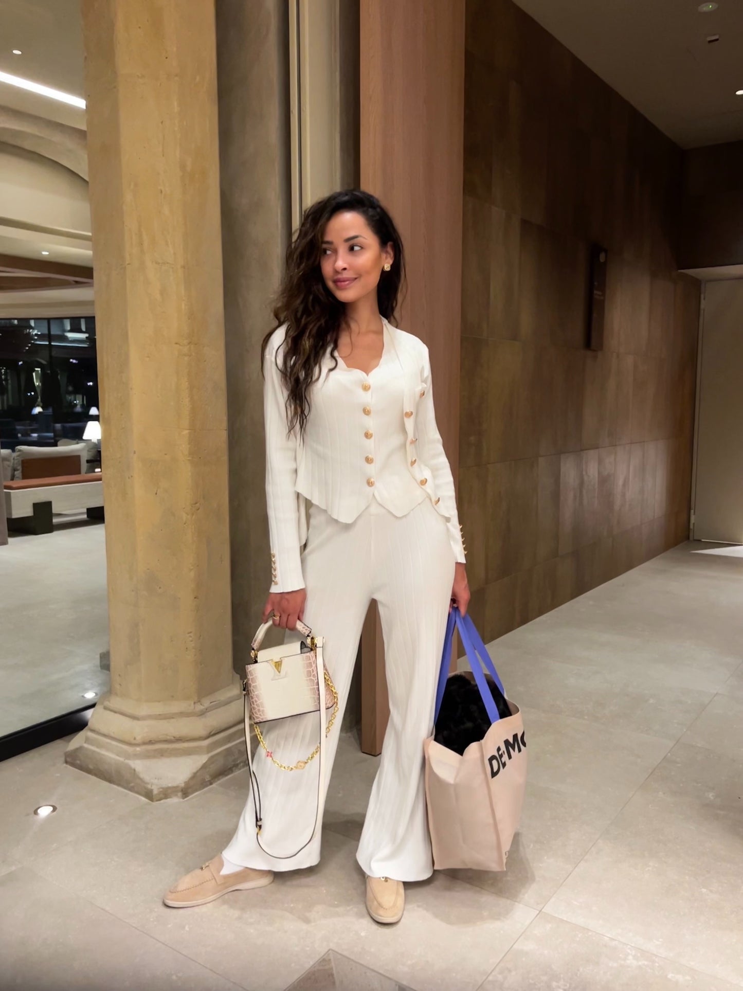 3-Piece Knit Suit, V-Neck Jacket, Vest & High-Waist Wide-Leg Pants