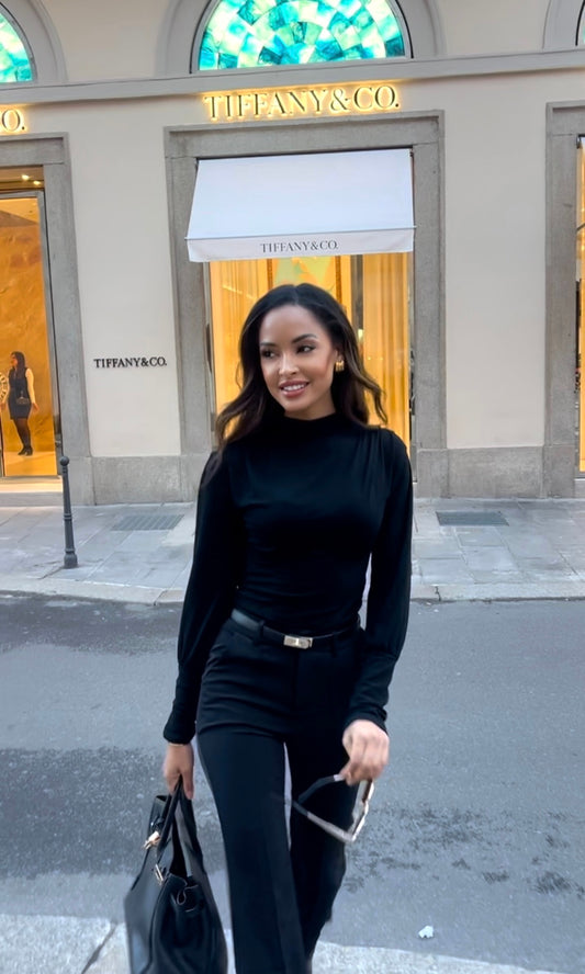 Women’s Autumn Solid Slim Pleated Long Sleeve Top