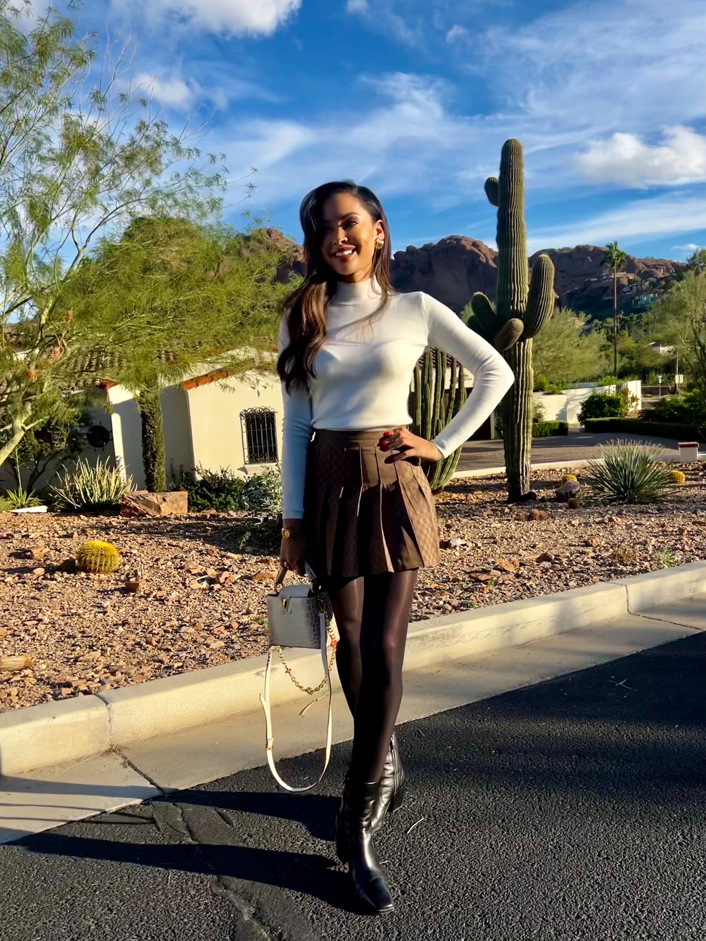 High-Waist Checkerboard Pleated Skirt