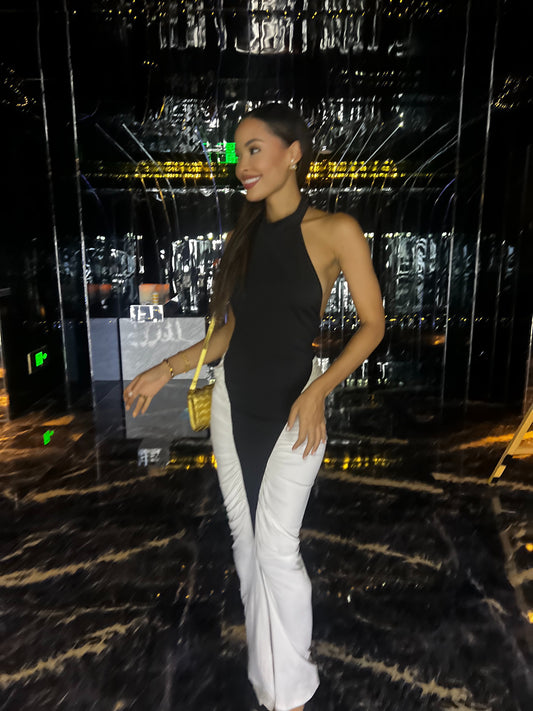 Black and white color blocking sleeveless long evening dress