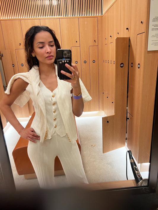 3-Piece Knit Suit, V-Neck Jacket, Vest & High-Waist Wide-Leg Pants