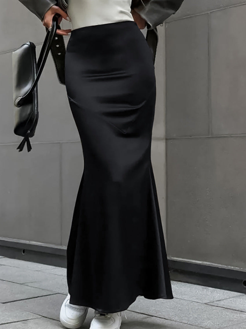 High-End Black High-Waisted Matte Satin Mermaid Skirt