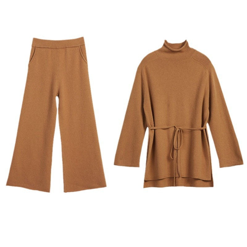 Fall/Winter Solid Knit Two-Piece Set Lace-Up Sweater & Wide-Leg Pants