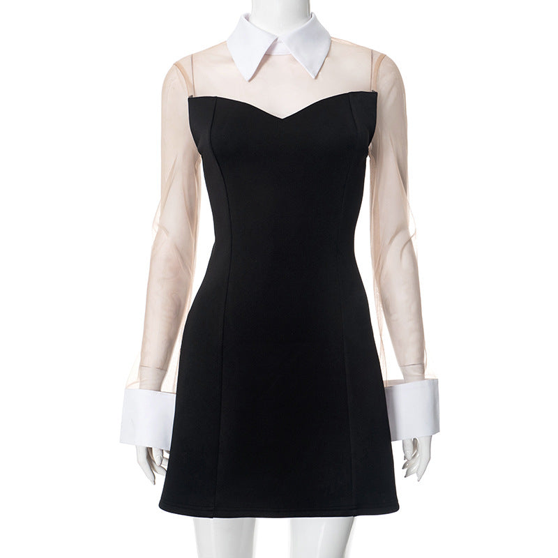 Women’s Spring/Summer Lapel A-Line Dress with Mesh & Zipper