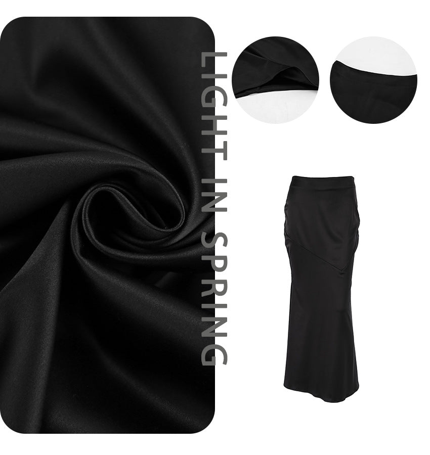 High-End Black High-Waisted Matte Satin Mermaid Skirt