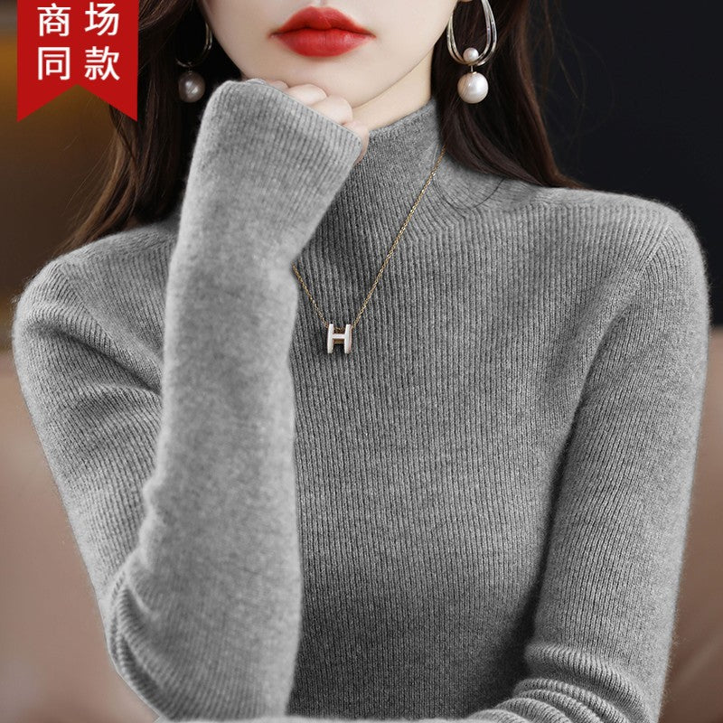 Pure cashmere winter semi-high neck wool knitted base thickened slim sweater
