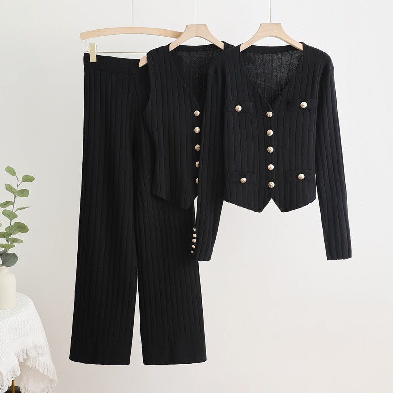 3-Piece Knit Suit, V-Neck Jacket, Vest & High-Waist Wide-Leg Pants