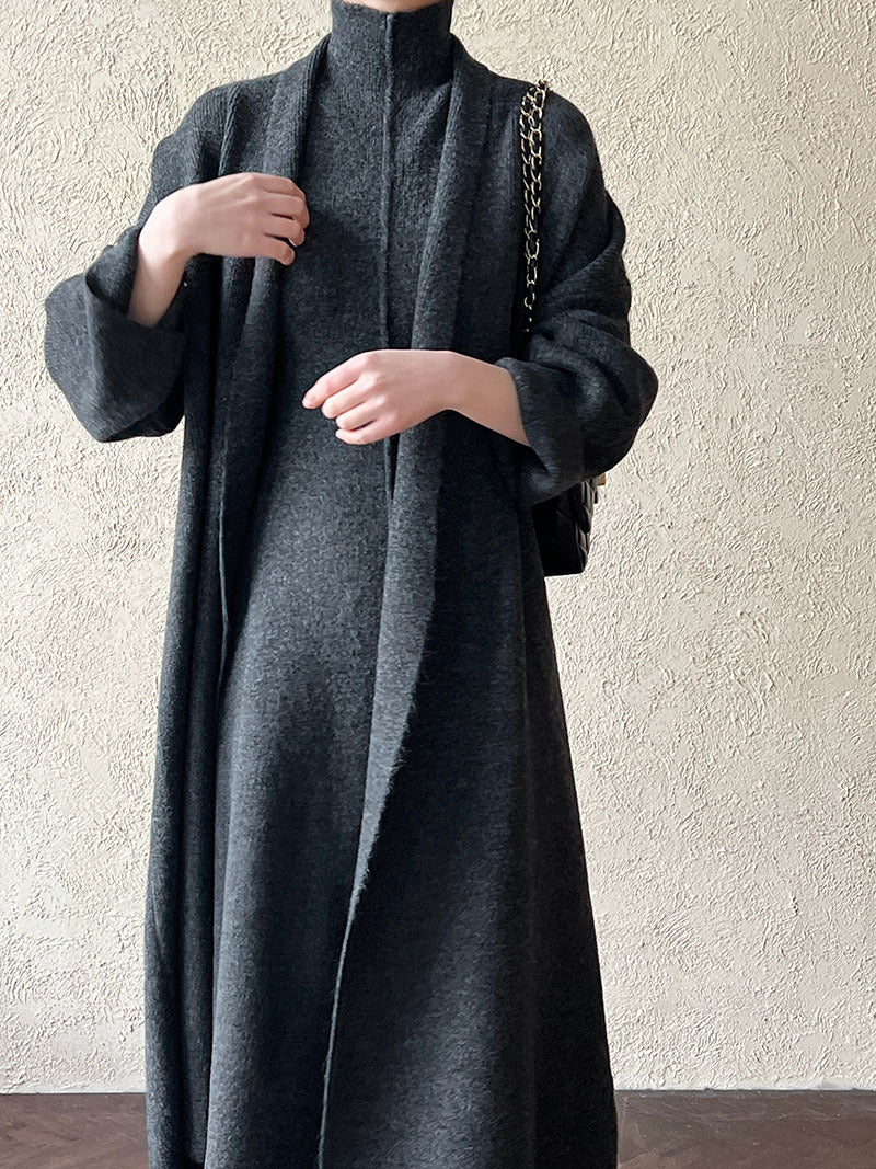 Lazy Style Knit Cardigan & Turtleneck Dress Two-Piece Set