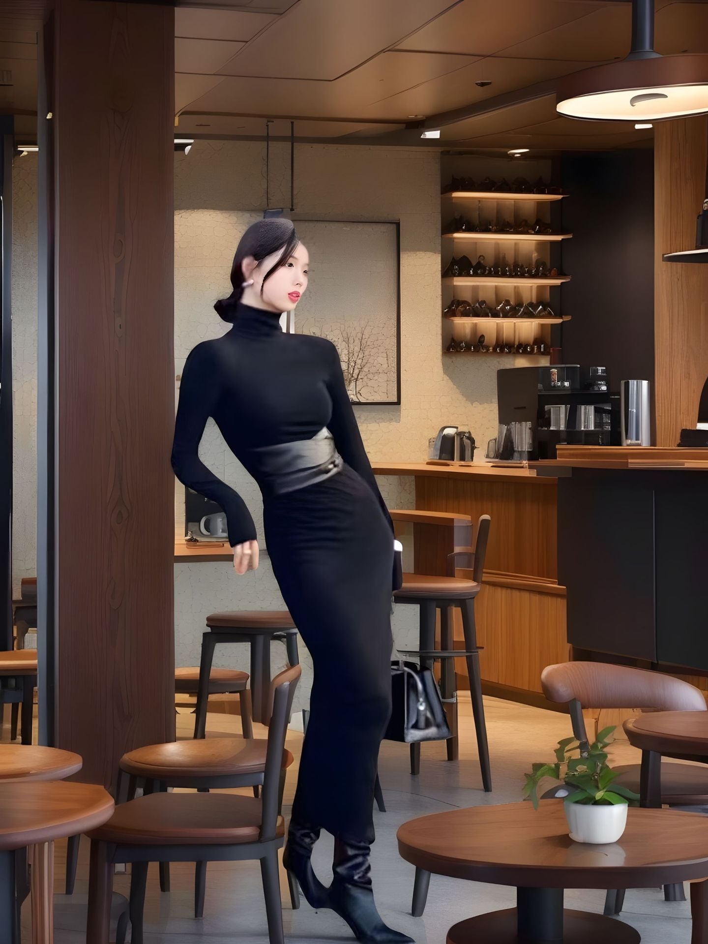 Women’s Black High Neck Pinched Waist Autumn Dress