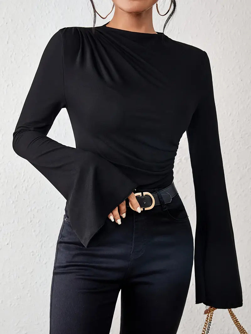 Women’s Autumn Solid Slim Pleated Long Sleeve Top