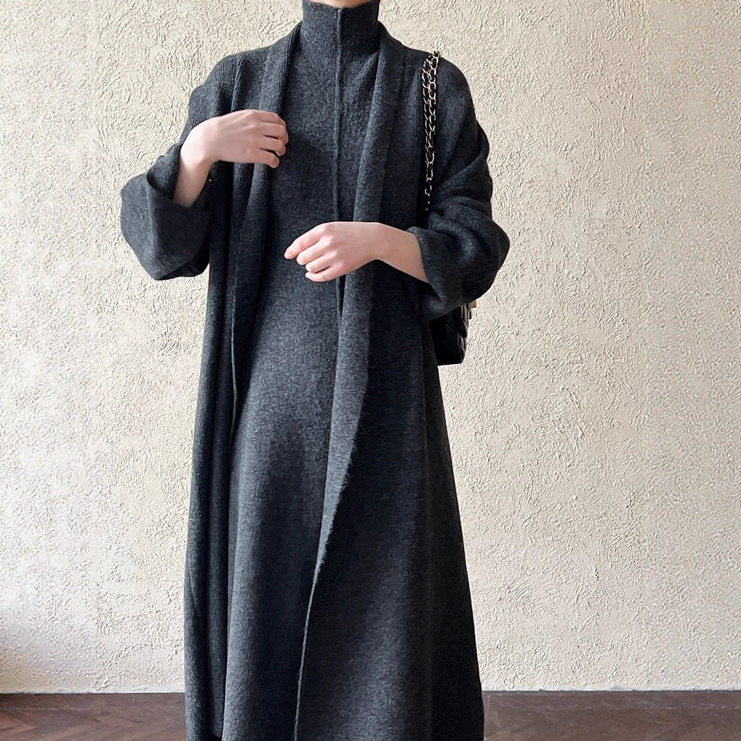 Lazy Style Knit Cardigan & Turtleneck Dress Two-Piece Set