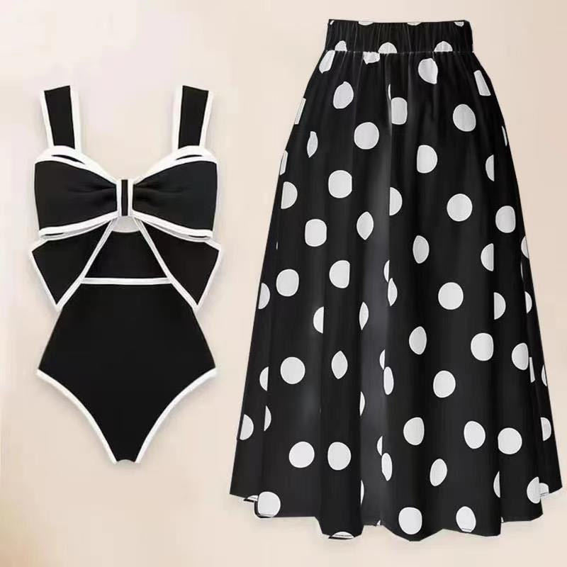 Retro Bow Round Skirt and Swimsuit Two piece set
