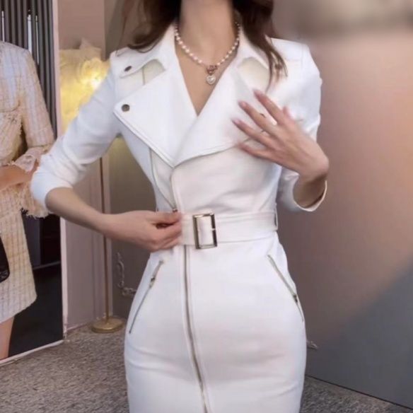 European Style Slim White Zipper Dress