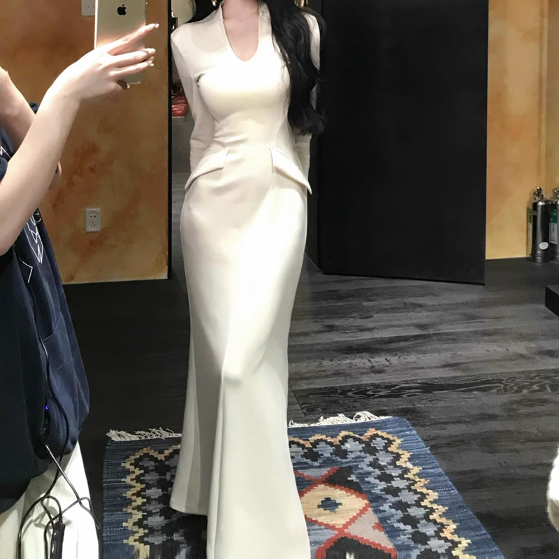 High End V Neck Slim Knit Fish Tail Dress