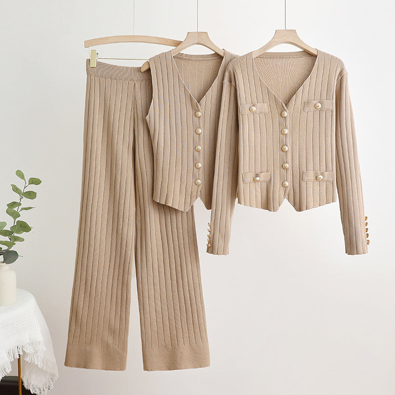 3-Piece Knit Suit, V-Neck Jacket, Vest & High-Waist Wide-Leg Pants