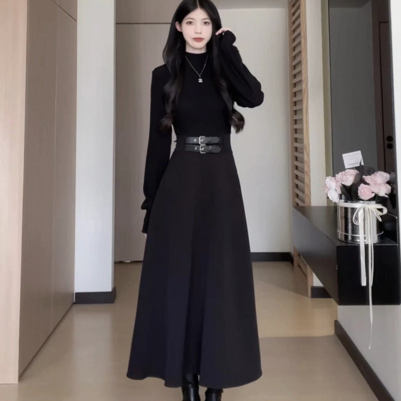 Hepburn Style Long-Sleeve Black High Neck Dress