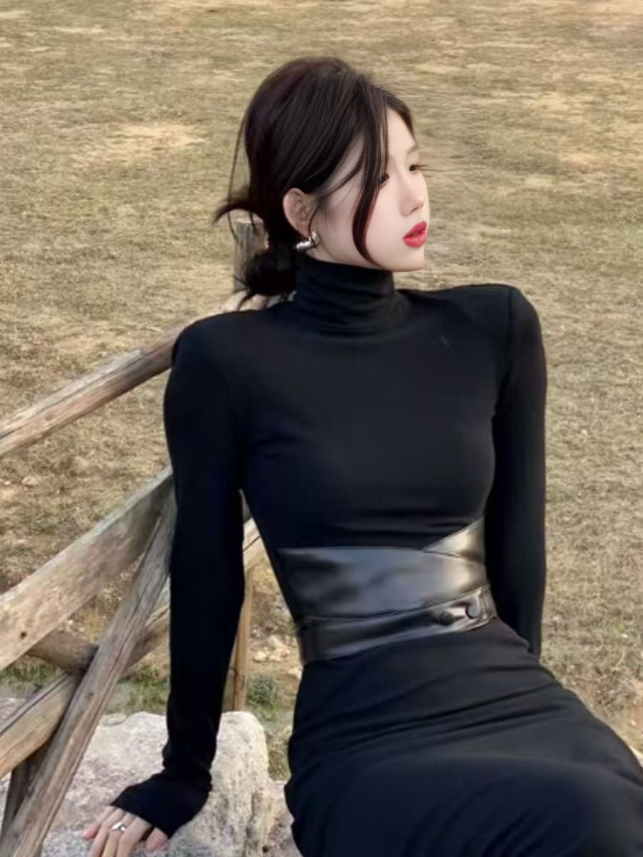 Black temperament, high neck, super good-looking dress, women's autumn dress, high-end pinched waist long skirt, belt, European and American dress