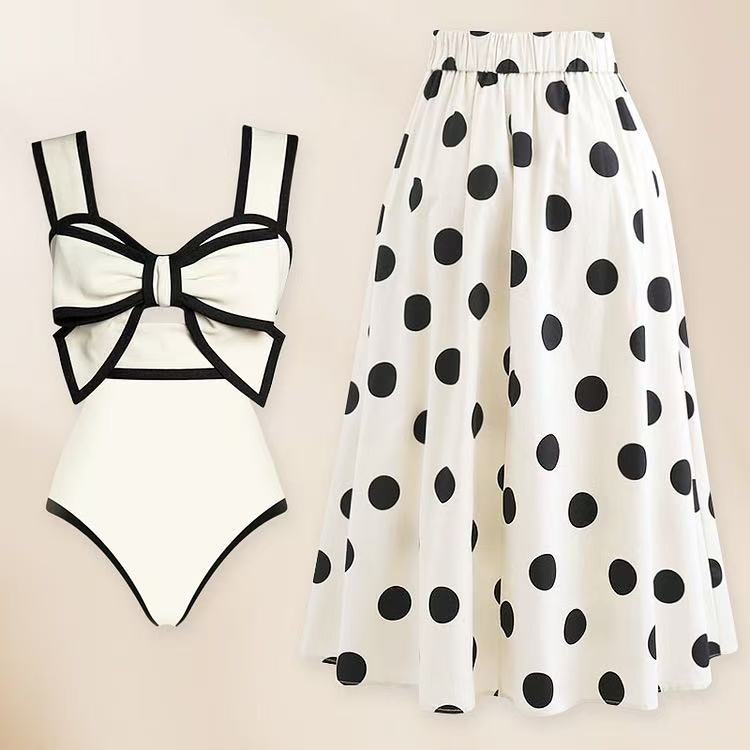 Retro Bow Round Skirt and Swimsuit Two piece set