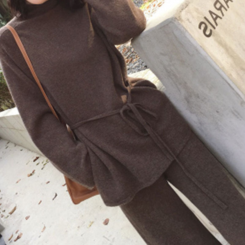Fall/Winter Solid Knit Two-Piece Set Lace-Up Sweater & Wide-Leg Pants