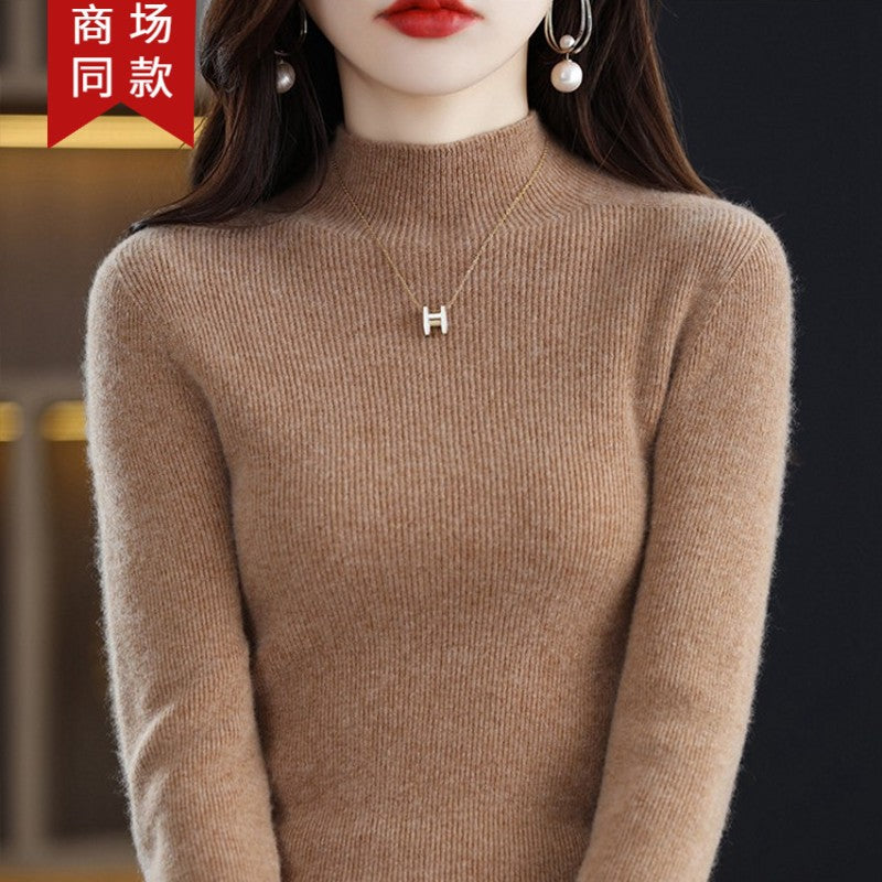Pure cashmere winter semi-high neck wool knitted base thickened slim sweater