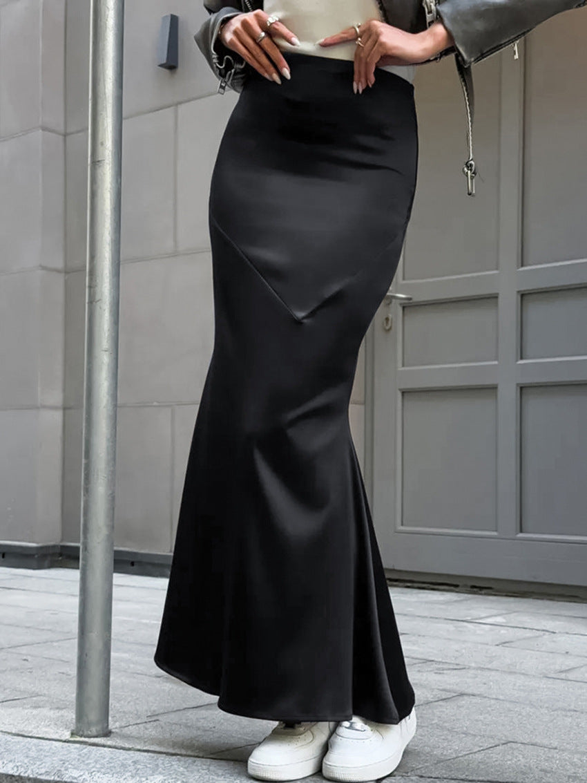 High-End Black High-Waisted Matte Satin Mermaid Skirt