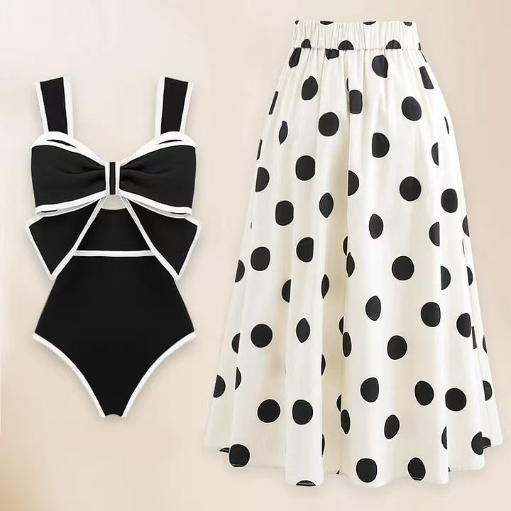 Retro Bow Round Skirt and Swimsuit Two piece set