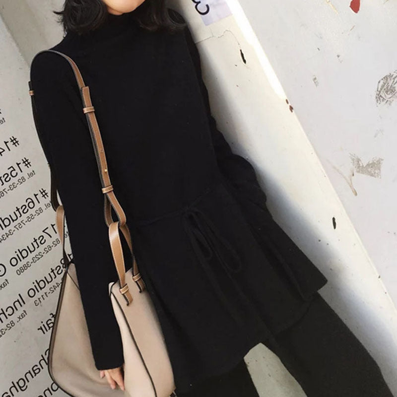 Fall/Winter Solid Knit Two-Piece Set Lace-Up Sweater & Wide-Leg Pants