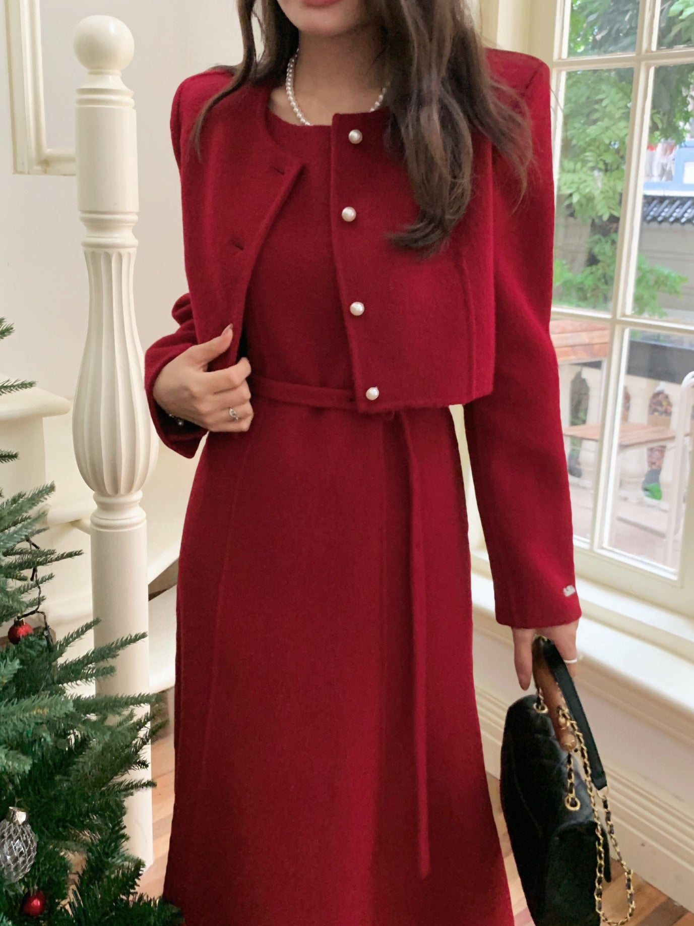 Hand Stitched Cashmere Wool Coat Two-Piece New Year Christmas Set