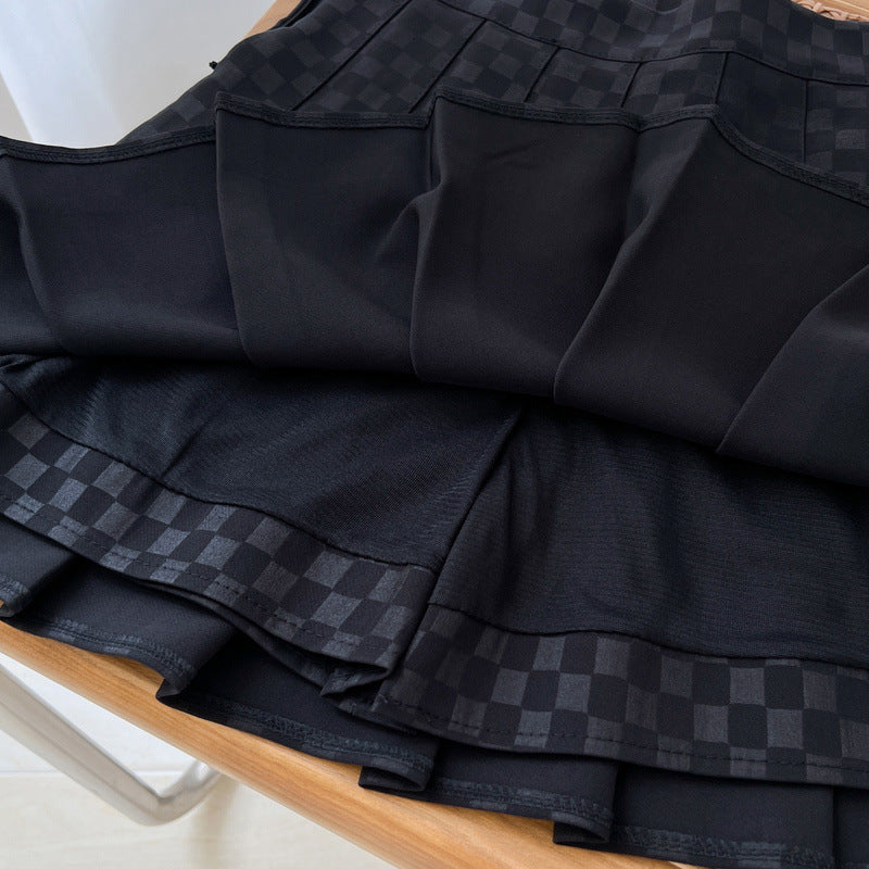 High-Waist Checkerboard Pleated Skirt