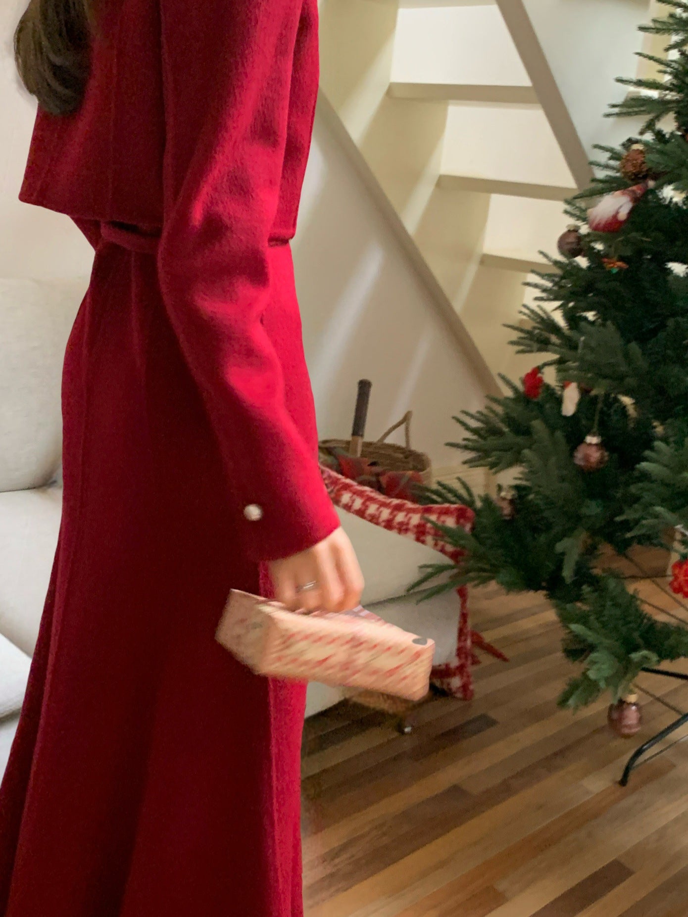 Hand Stitched Cashmere Wool Coat Two-Piece New Year Christmas Set
