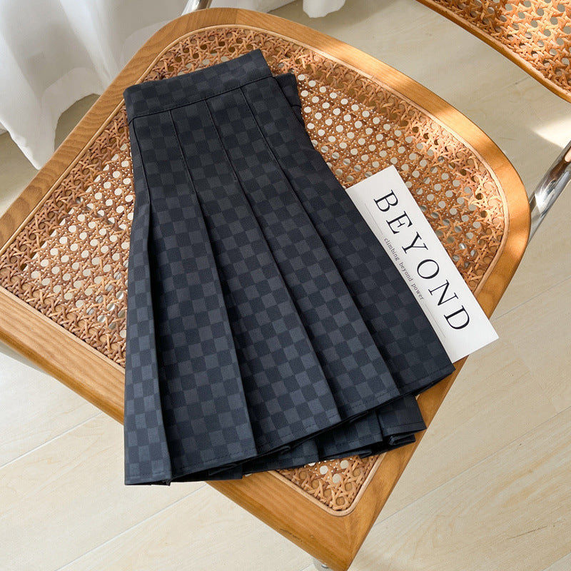 High-Waist Checkerboard Pleated Skirt