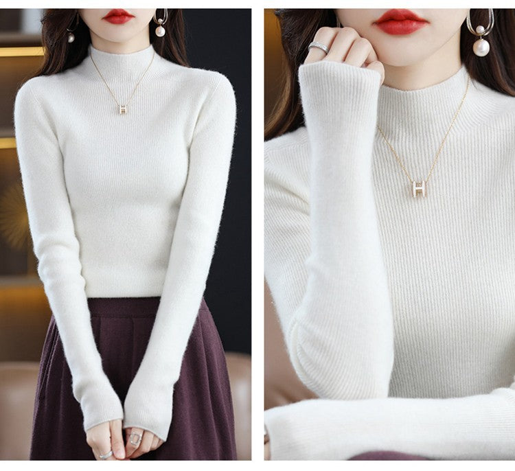 Pure cashmere winter semi-high neck wool knitted base thickened slim sweater