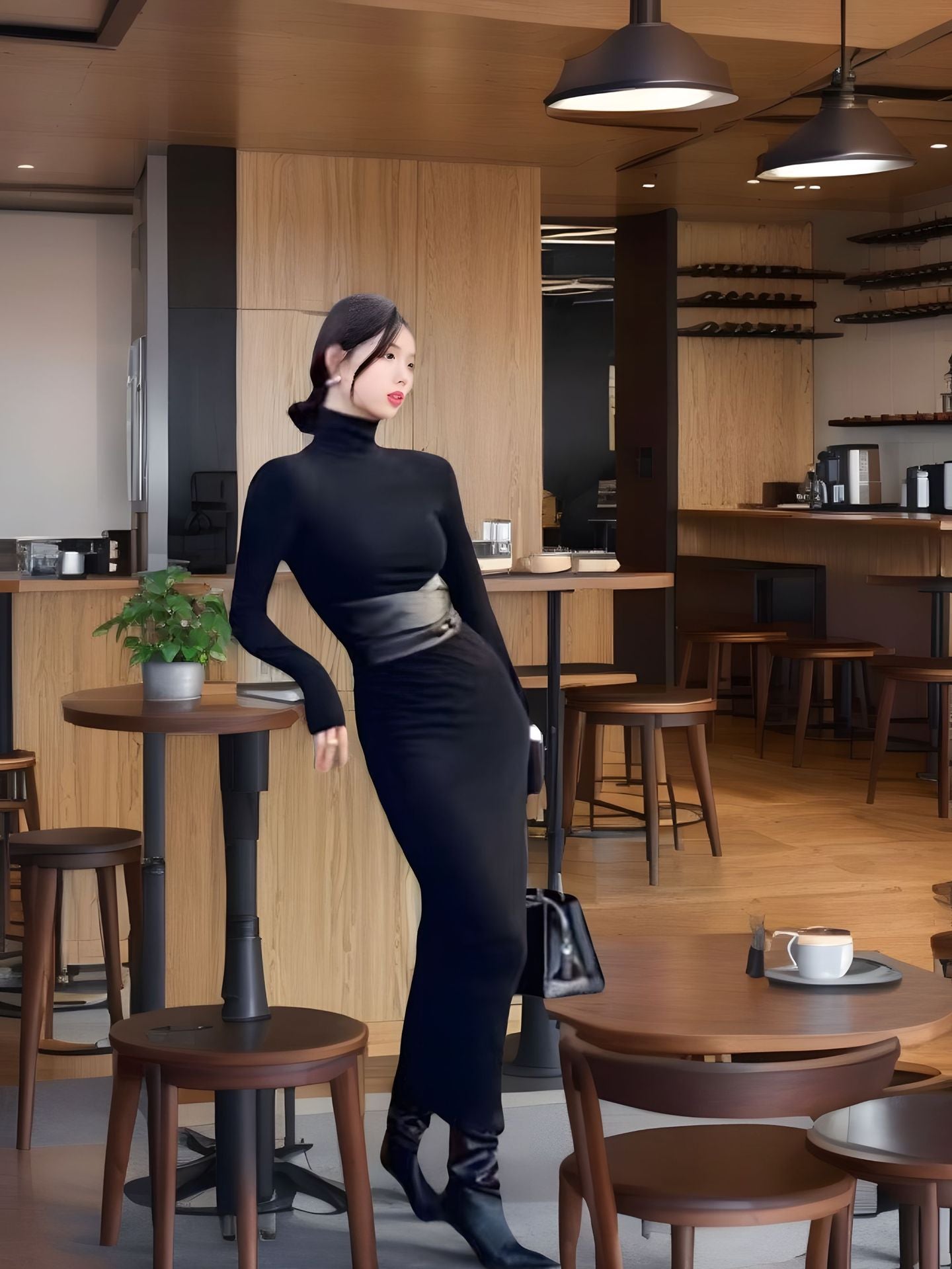 Black temperament, high neck, super good-looking dress, women's autumn dress, high-end pinched waist long skirt, belt, European and American dress
