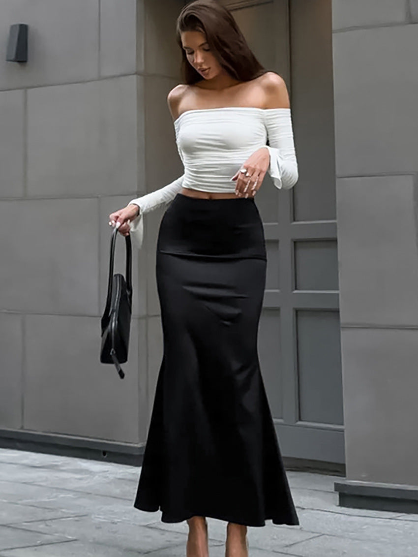 High-End Black High-Waisted Matte Satin Mermaid Skirt