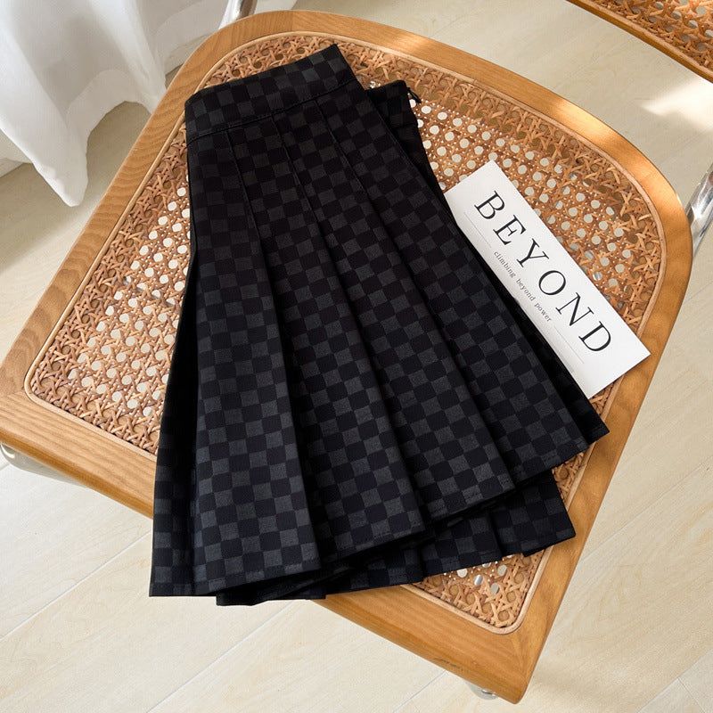 High-Waist Checkerboard Pleated Skirt