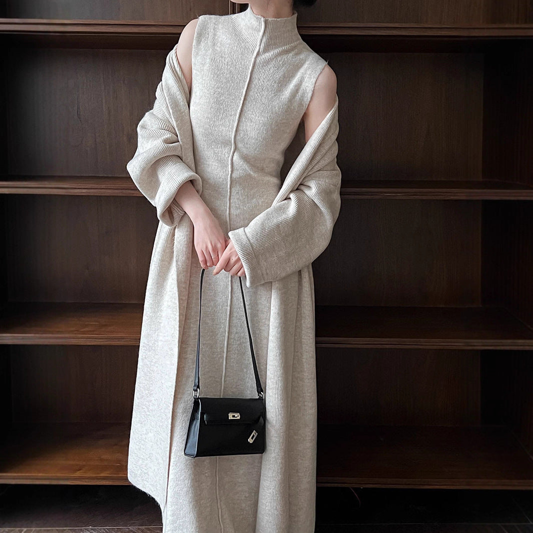 Lazy Style Knit Cardigan & Turtleneck Dress Two-Piece Set