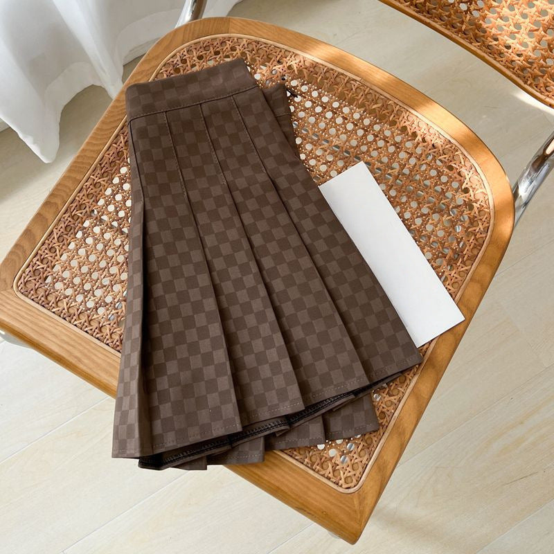 High-Waist Checkerboard Pleated Skirt