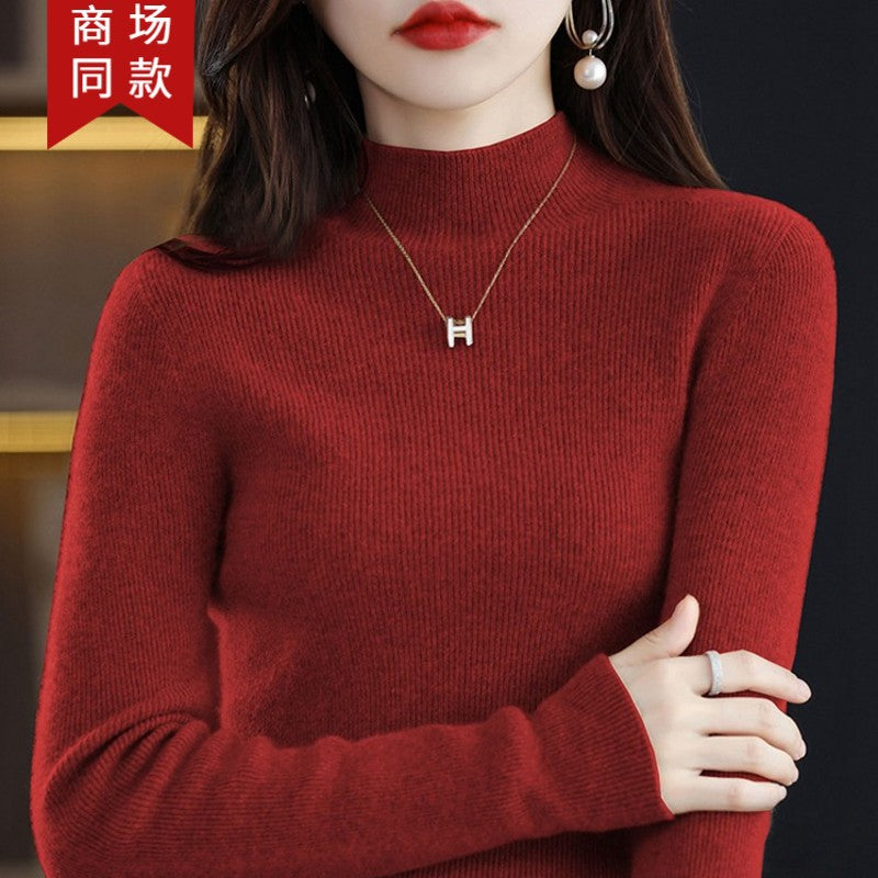Pure cashmere winter semi-high neck wool knitted base thickened slim sweater