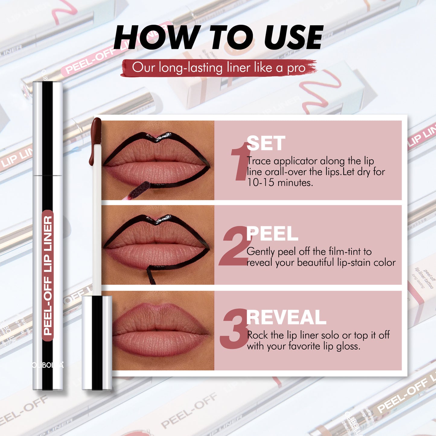 Peel-off long-lasting lip liner and lipstick