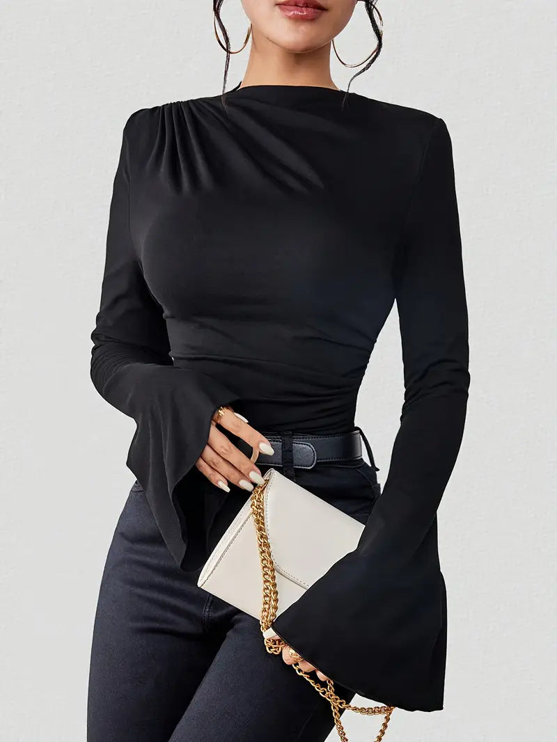 Women’s Autumn Solid Slim Pleated Long Sleeve Top