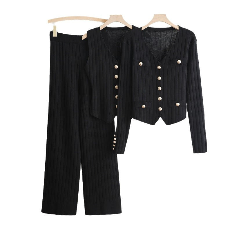 3-Piece Knit Suit, V-Neck Jacket, Vest & High-Waist Wide-Leg Pants