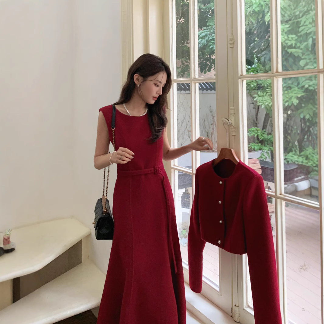 Hand Stitched Cashmere Wool Coat Two-Piece New Year Christmas Set