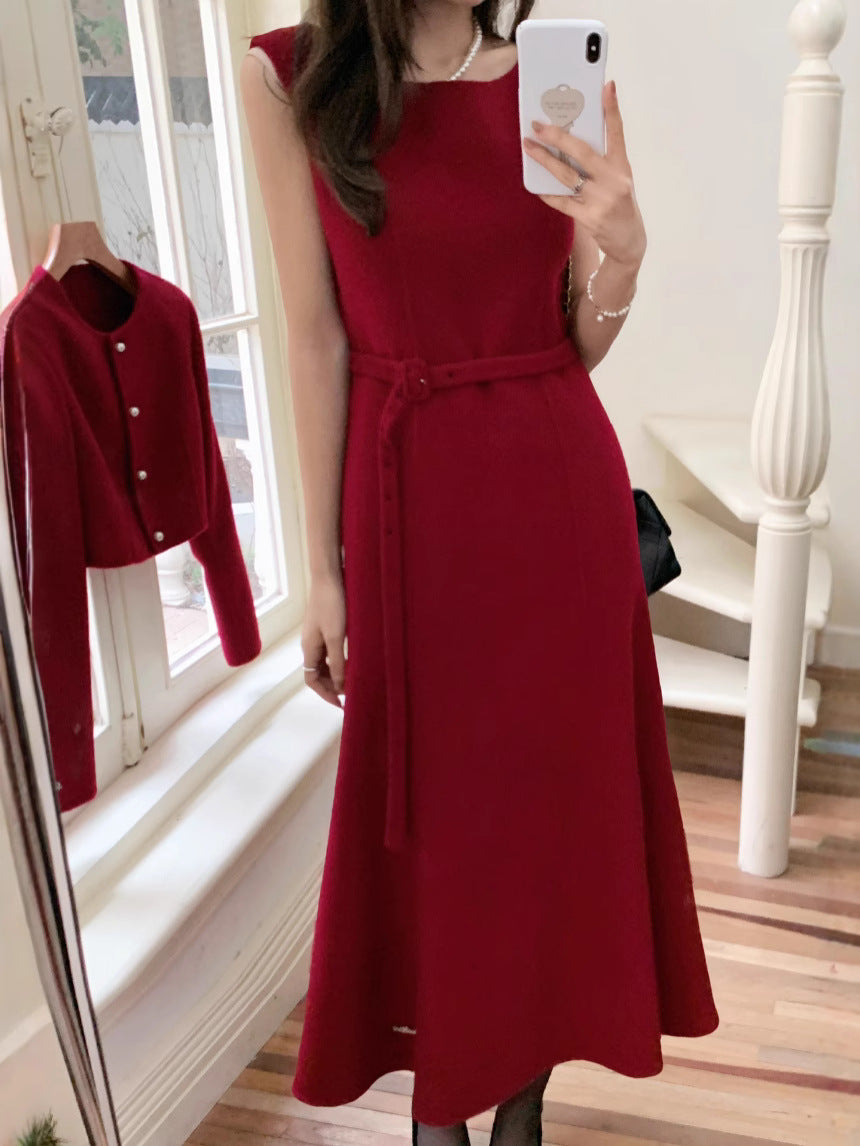 Hand Stitched Cashmere Wool Coat Two-Piece New Year Christmas Set