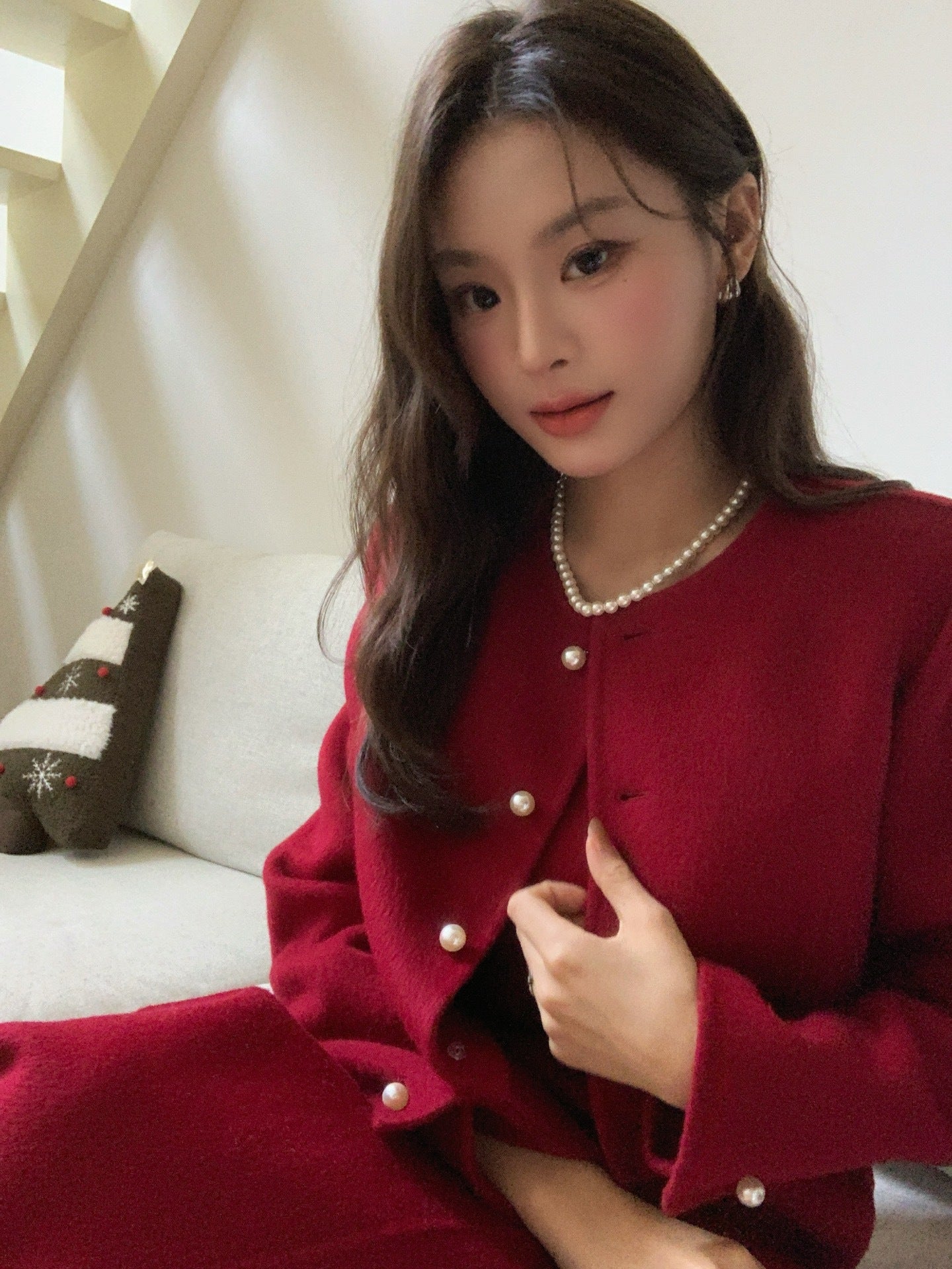 Hand Stitched Cashmere Wool Coat Two-Piece New Year Christmas Set