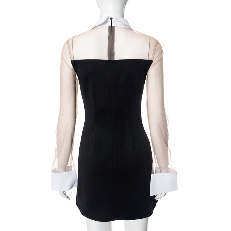 Women’s Spring/Summer Lapel A-Line Dress with Mesh & Zipper