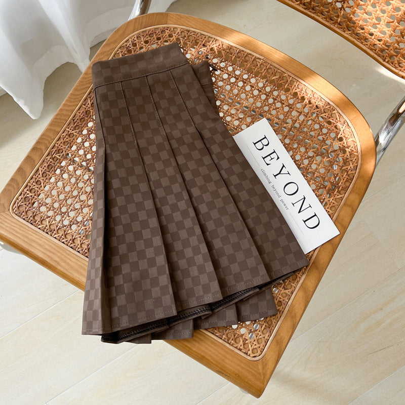 High-Waist Checkerboard Pleated Skirt