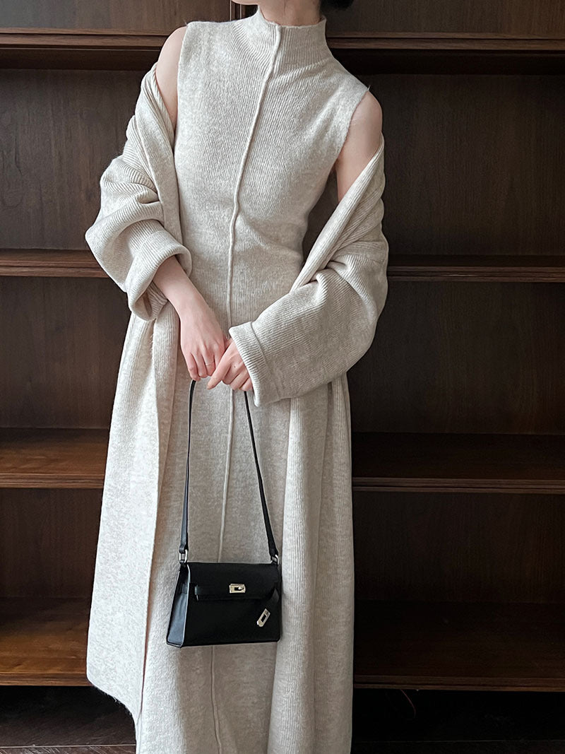 Lazy Style Knit Cardigan & Turtleneck Dress Two-Piece Set